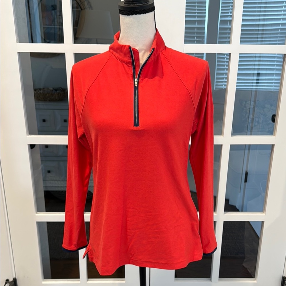 Peter Millar 3/4 Zip knit pullover in Orange with Navy Piping.